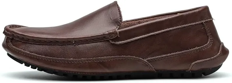 TAYGUM Men's Loafers Round Toe Solid Color Leather Loafer Shoes Flat Heel Anti-Slip Flexible Fashion Slip-on