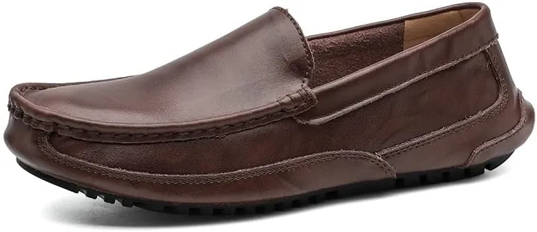 TAYGUM Men's Loafers Round Toe Solid Color Leather Loafer Shoes Flat Heel Anti-Slip Flexible Fashion Slip-on