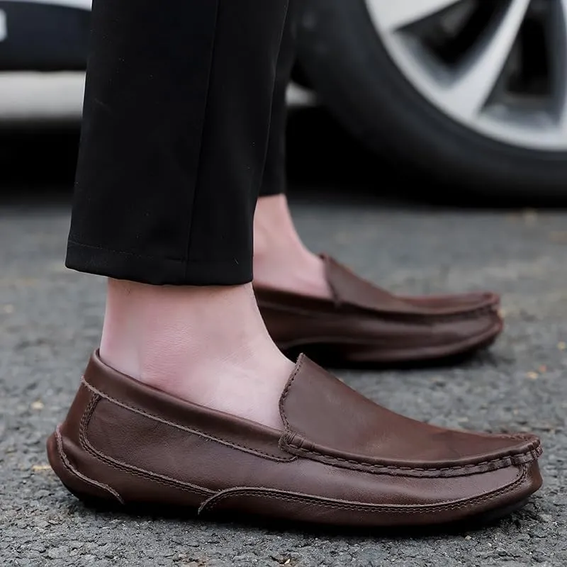 TAYGUM Men's Loafers Round Toe Solid Color Leather Loafer Shoes Flat Heel Anti-Slip Flexible Fashion Slip-on