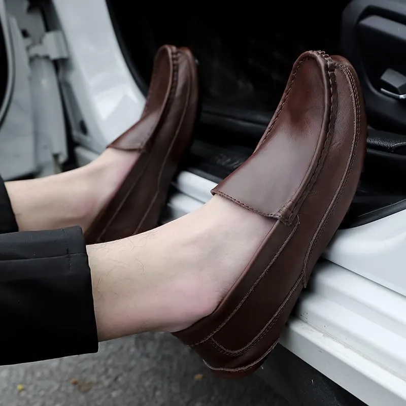 TAYGUM Men's Loafers Round Toe Solid Color Leather Loafer Shoes Flat Heel Anti-Slip Flexible Fashion Slip-on