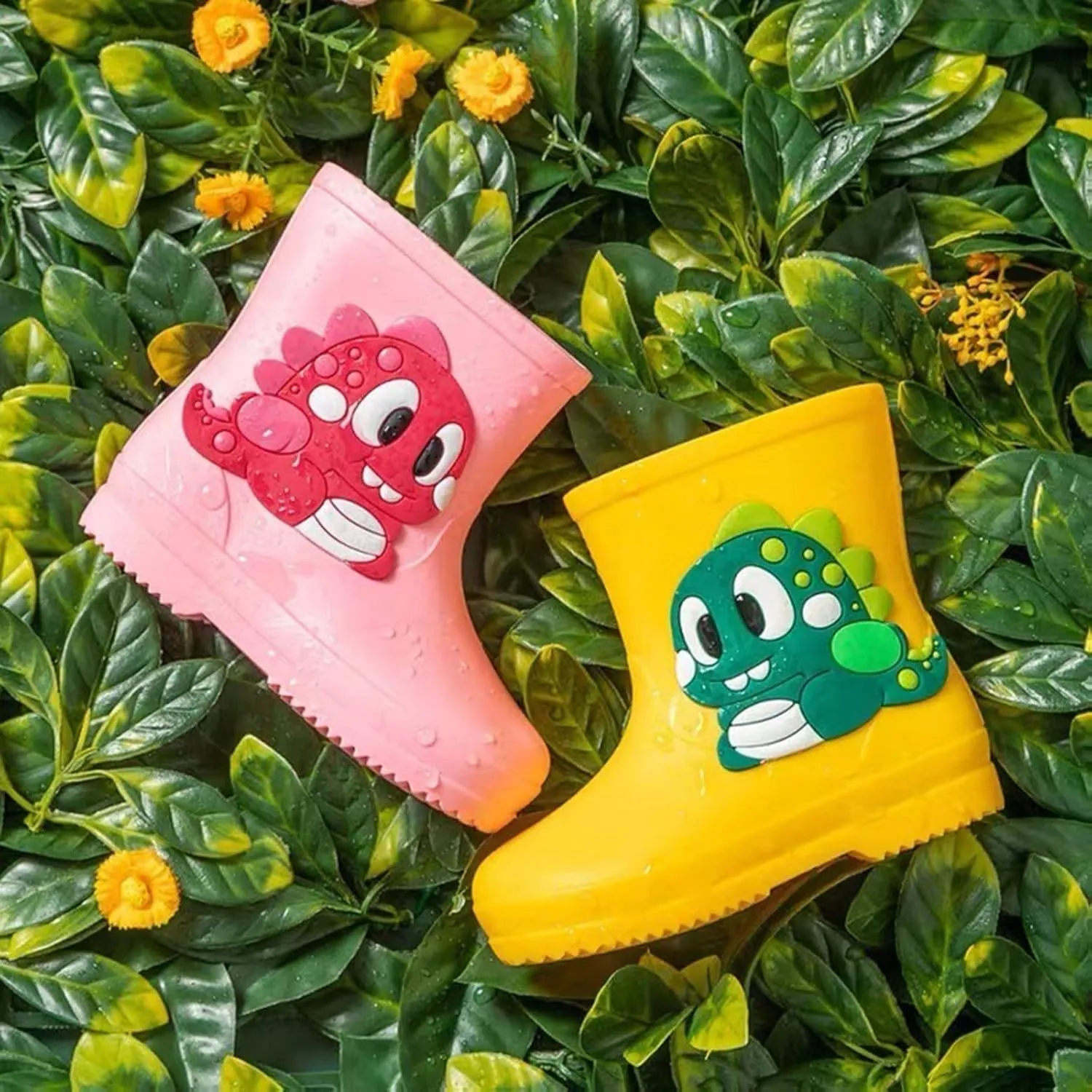 Toddler Kids Rain Boots Classic PVC Rubber Cartoon Dinosaur Print Water Shoes Rain Boots Baby Dress Shoes with Buckles