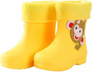 Unisex Child Walking Shoes Fleece Lined Waterproof Rain Boots Cute Cartoon Lightweight Toddler Rubber Baby Booties