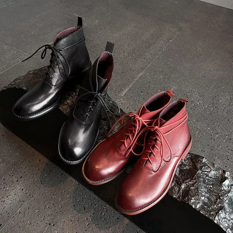 Washed Sheepskin Leather Lace Up Combat Boots for Women Ankle Boots in Burgundy/Black