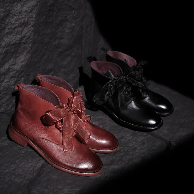 Washed Sheepskin Leather Lace Up Combat Boots for Women Ankle Boots in Burgundy/Black