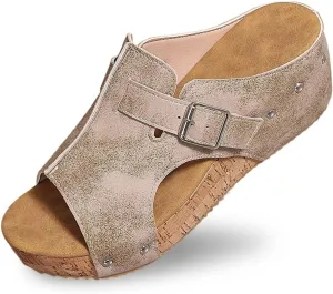 Wedge Sandals for Women Dressy Open Toe Orthopedic Non Slip Platform Sandals Comfortable Cork Footbed Walking Slippers for Summer Beach Oceanside Holiday Outdoor