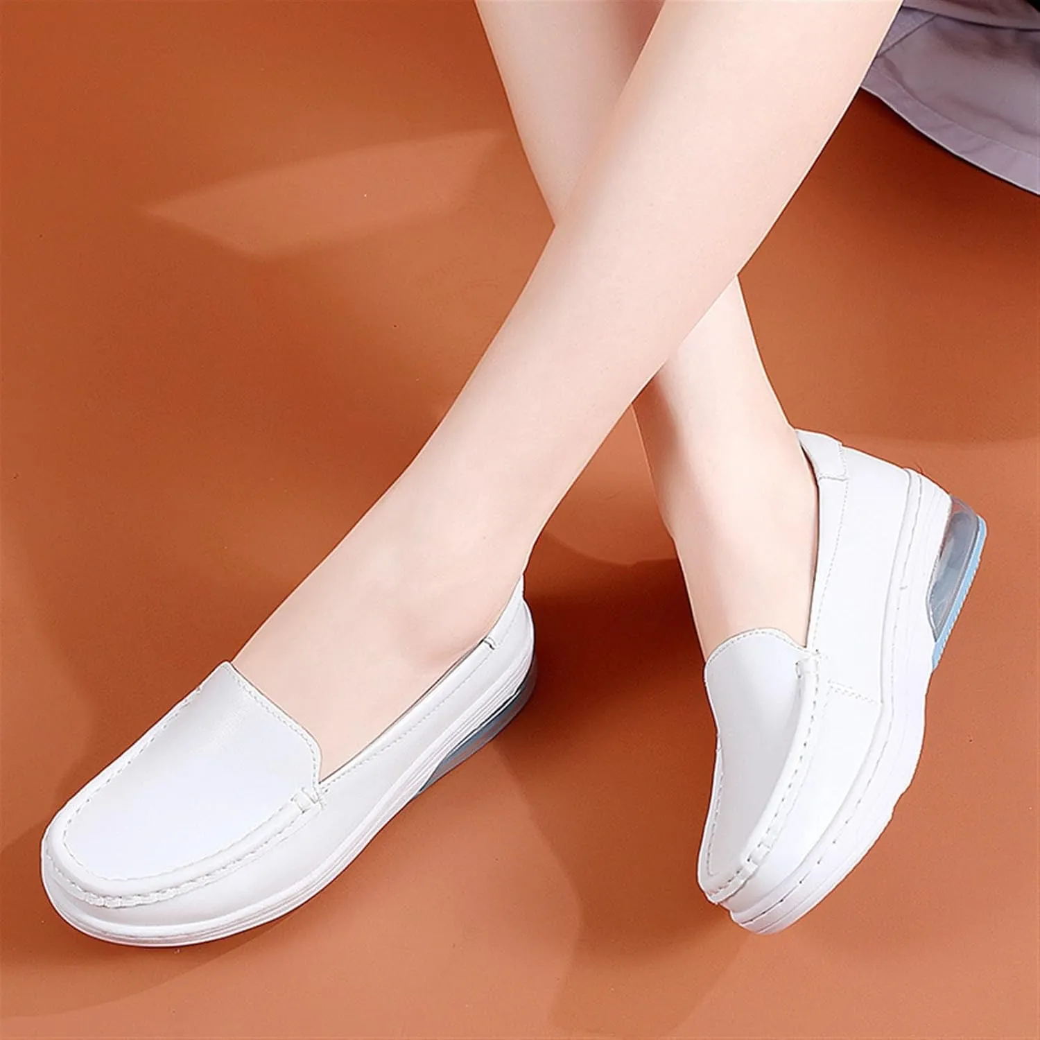 White Women's Nursing Shoes, Womens Casual Air Cushion Slip-On Non-Slip Breathable Leather Nurse Shoes, Lightweight Resistant Orthopedic Nursing Shoes, for Nurse, Doctors