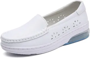 White Women's Nursing Shoes, Womens Casual Air Cushion Slip-On Non-Slip Breathable Leather Nurse Shoes, Lightweight Resistant Orthopedic Nursing Shoes, for Nurse, Doctors