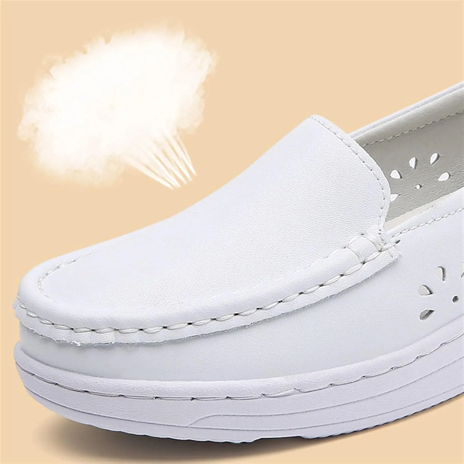 White Women's Nursing Shoes, Womens Casual Air Cushion Slip-On Non-Slip Breathable Leather Nurse Shoes, Lightweight Resistant Orthopedic Nursing Shoes, for Nurse, Doctors