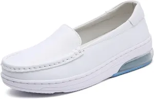 White Women's Nursing Shoes, Womens Casual Air Cushion Slip-On Non-Slip Breathable Leather Nurse Shoes, Lightweight Resistant Orthopedic Nursing Shoes, for Nurse, Doctors