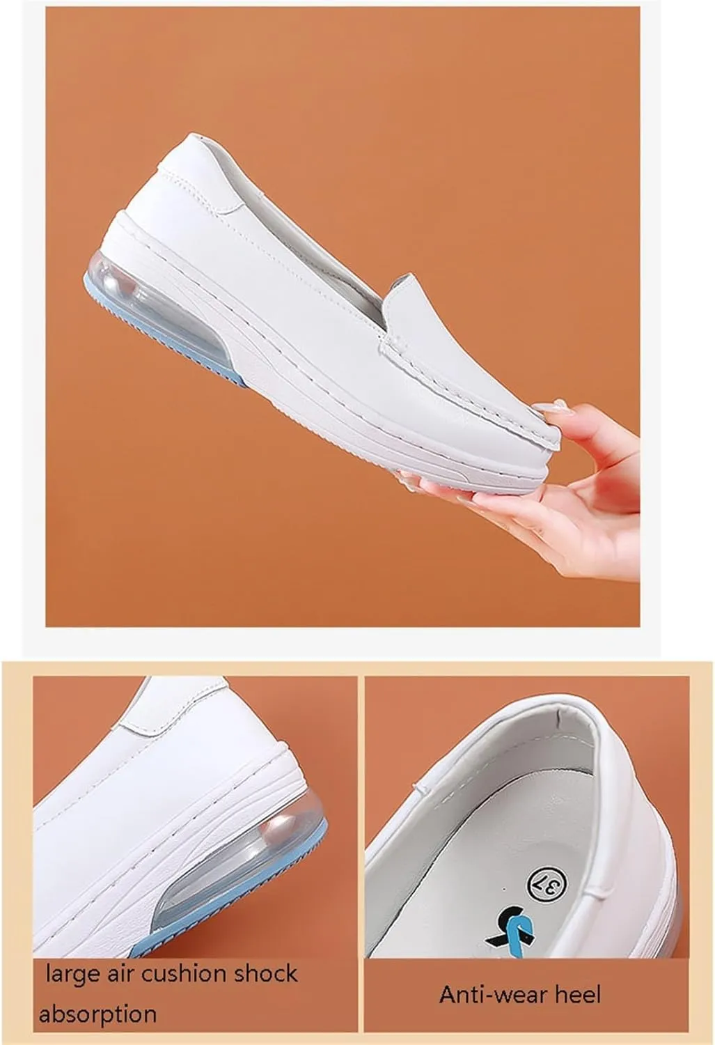 White Women's Nursing Shoes, Womens Casual Air Cushion Slip-On Non-Slip Breathable Leather Nurse Shoes, Lightweight Resistant Orthopedic Nursing Shoes, for Nurse, Doctors