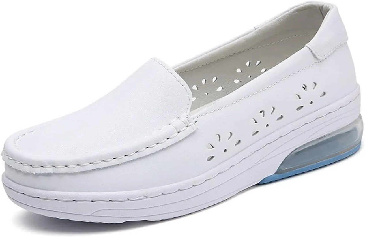 White Women's Nursing Shoes, Womens Casual Air Cushion Slip-On Non-Slip Breathable Leather Nurse Shoes, Lightweight Resistant Orthopedic Nursing Shoes, for Nurse, Doctors