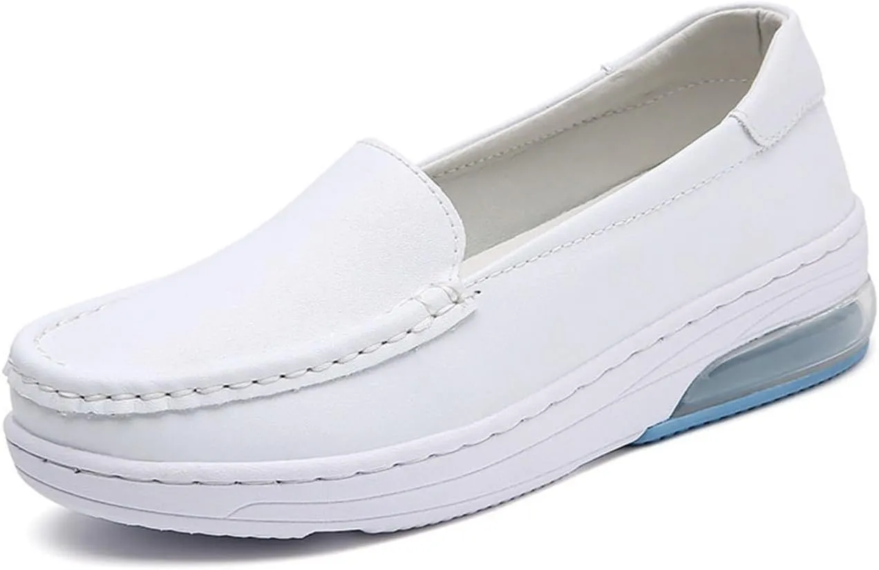 White Women's Nursing Shoes, Womens Casual Air Cushion Slip-On Non-Slip Breathable Leather Nurse Shoes, Lightweight Resistant Orthopedic Nursing Shoes, for Nurse, Doctors