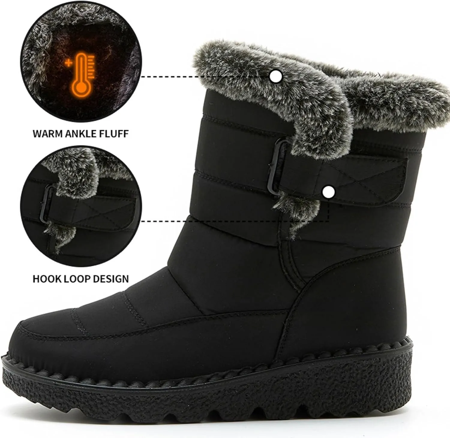 Winter Boots for Women Men Couple Warm Fur Lined Booties Non Slip Waterproof Flat Hook Loop Snow Boots
