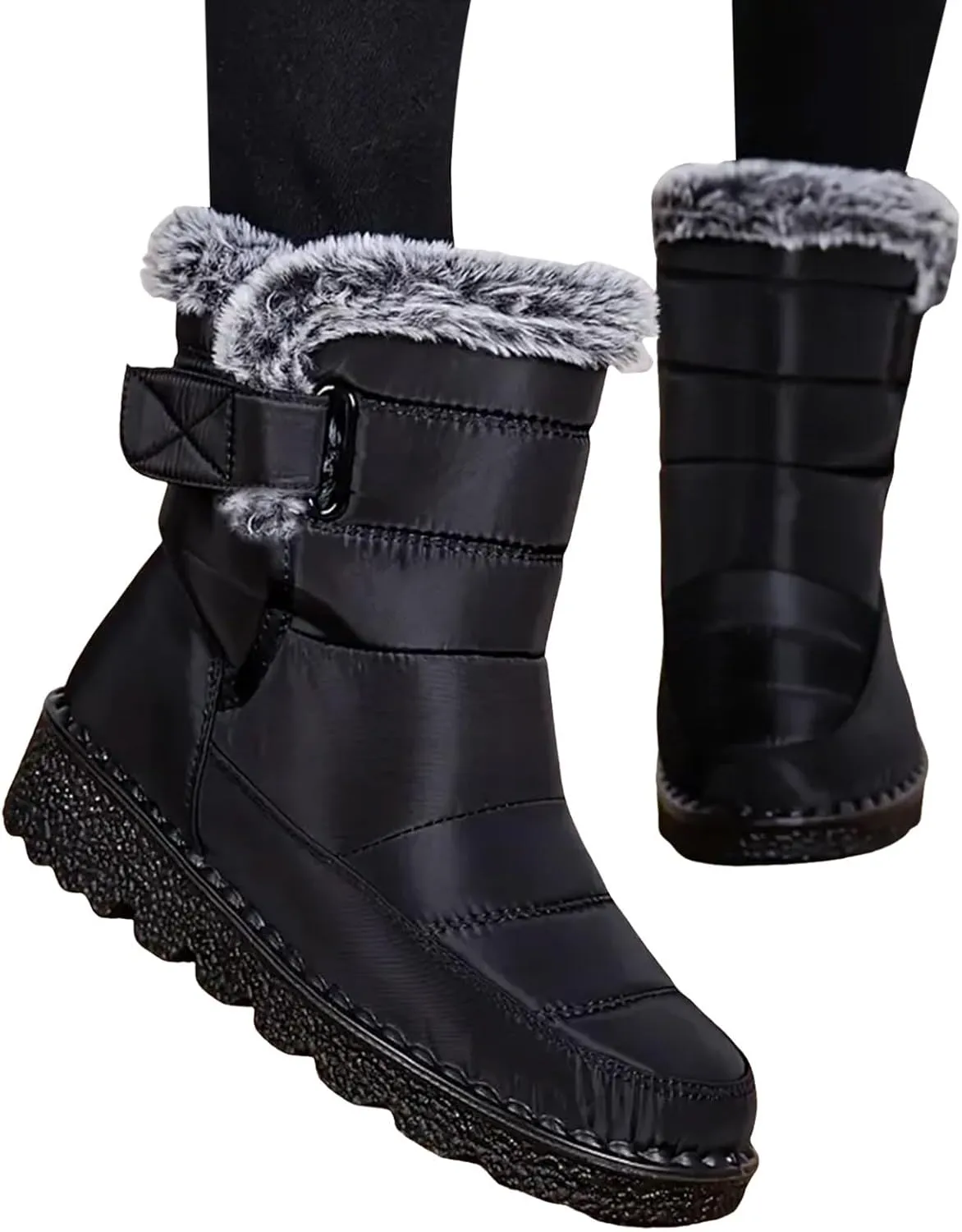 Winter Boots for Women Men Couple Warm Fur Lined Booties Non Slip Waterproof Flat Hook Loop Snow Boots