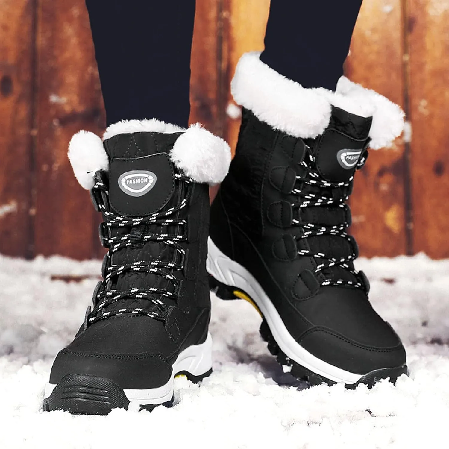 Winter Boots for Women Mid Calf Lace Up Warm Fur Lined Winter Boots Anti Slip Lug Sole Waterproof Hiking Snow Boots