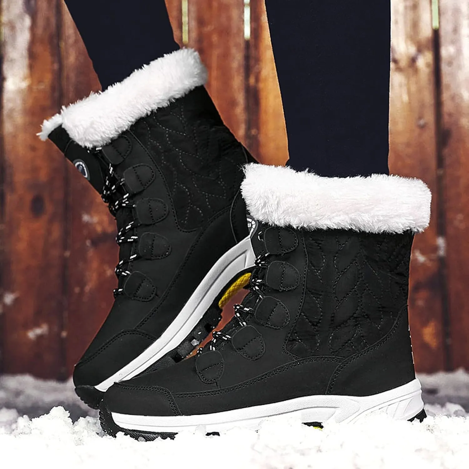 Winter Boots for Women Mid Calf Lace Up Warm Fur Lined Winter Boots Anti Slip Lug Sole Waterproof Hiking Snow Boots