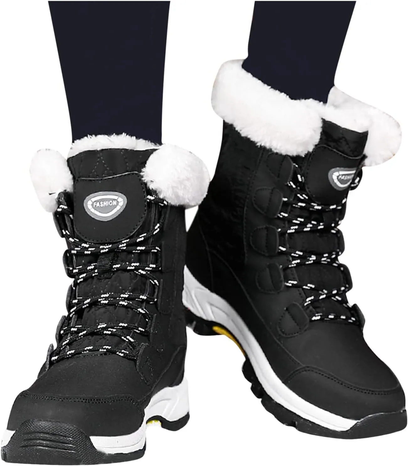 Winter Boots for Women Mid Calf Lace Up Warm Fur Lined Winter Boots Anti Slip Lug Sole Waterproof Hiking Snow Boots