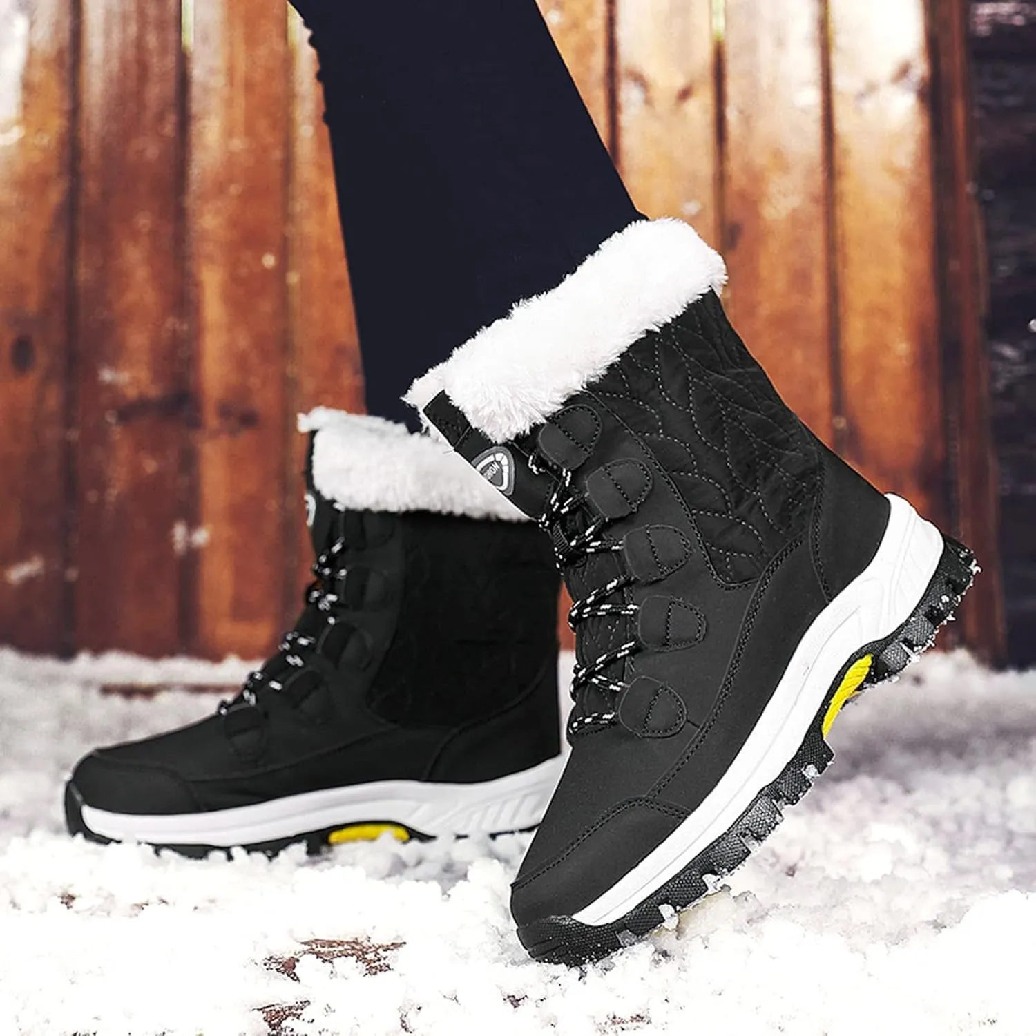 Winter Boots for Women Mid Calf Lace Up Warm Fur Lined Winter Boots Anti Slip Lug Sole Waterproof Hiking Snow Boots