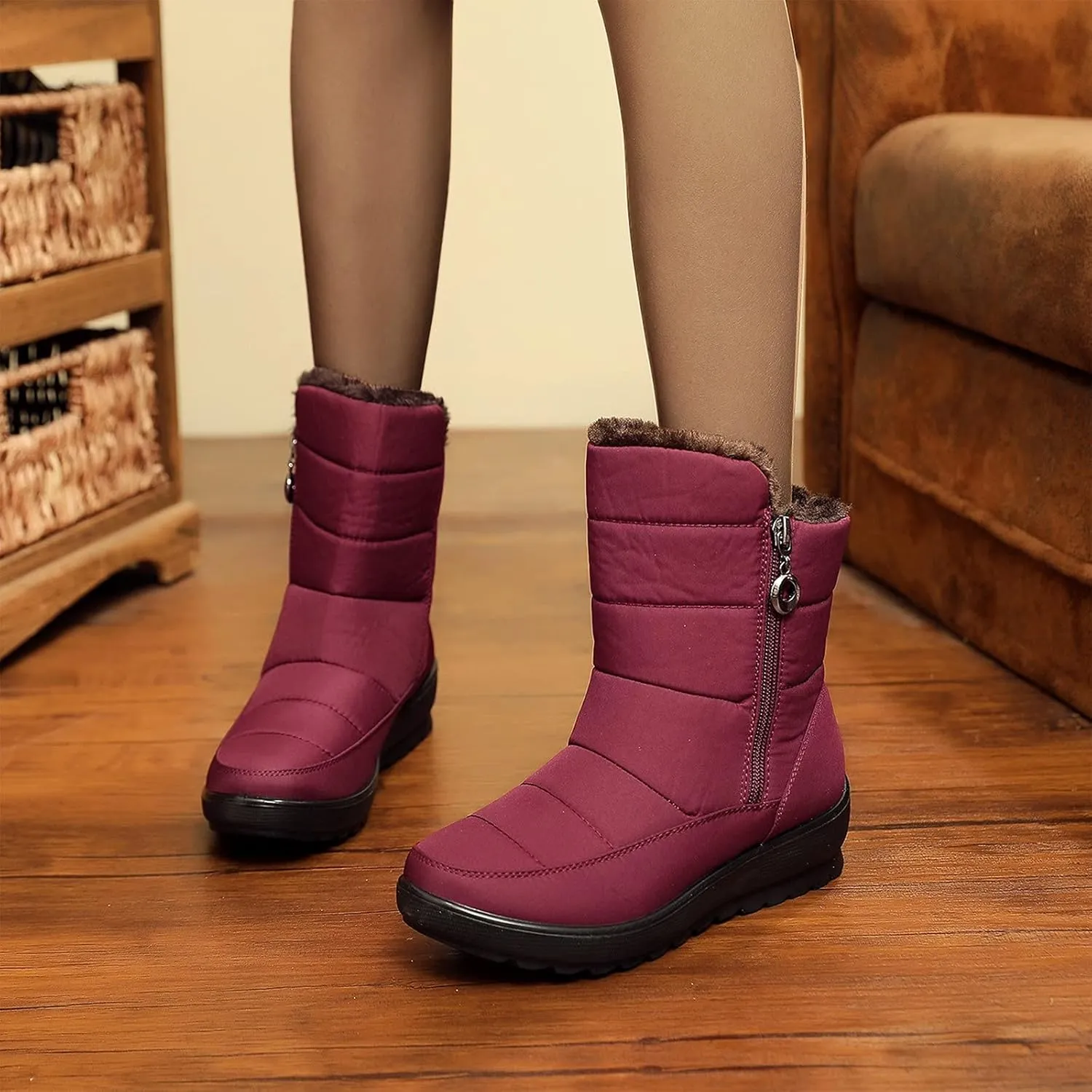 Winter Boots for Women Warm Fuzzy Fur Lined Ankle Boots Women Anti Slip Waterproof Side Zip Comfy Outdoor Boots