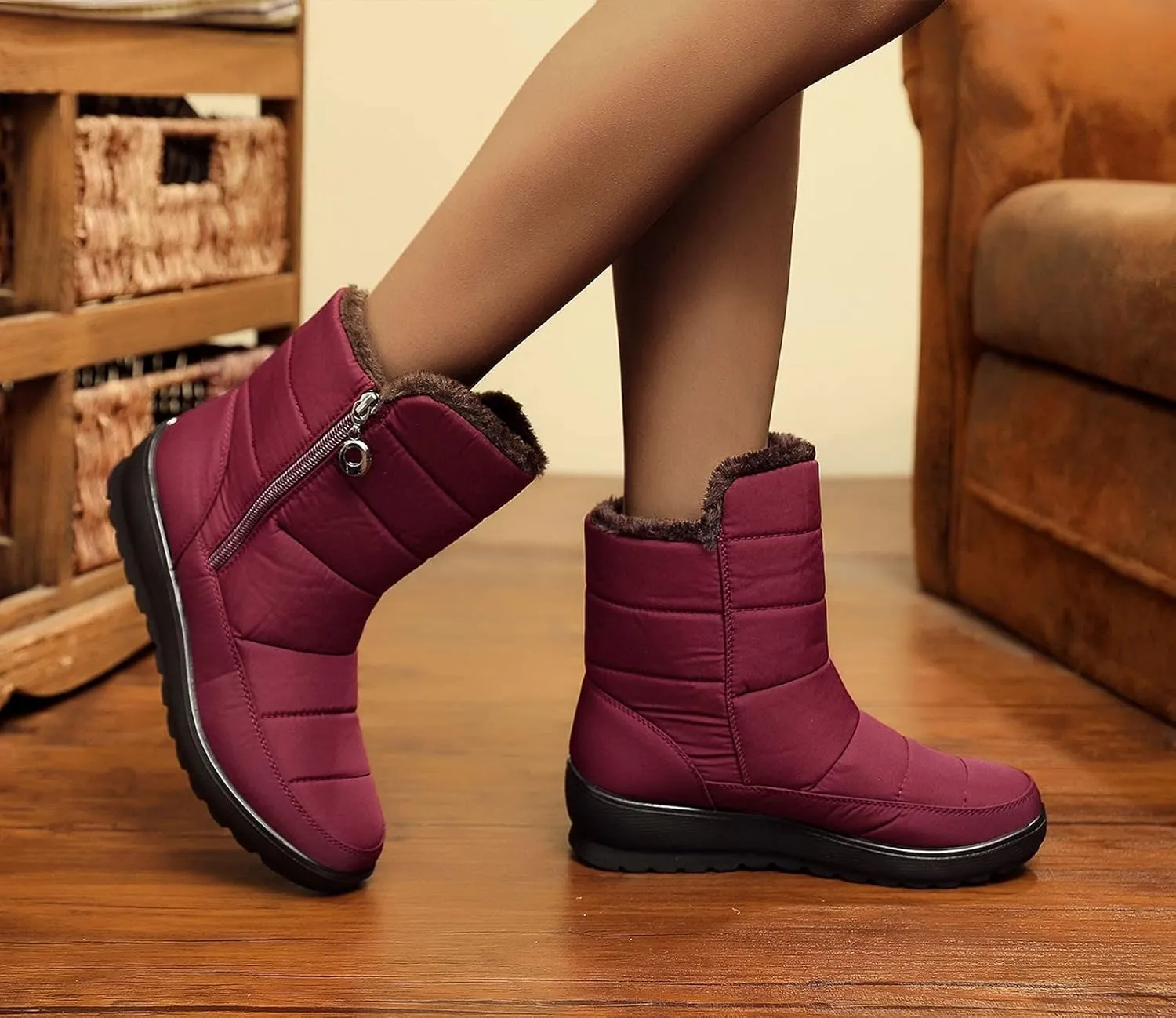Winter Boots for Women Warm Fuzzy Fur Lined Ankle Boots Women Anti Slip Waterproof Side Zip Comfy Outdoor Boots