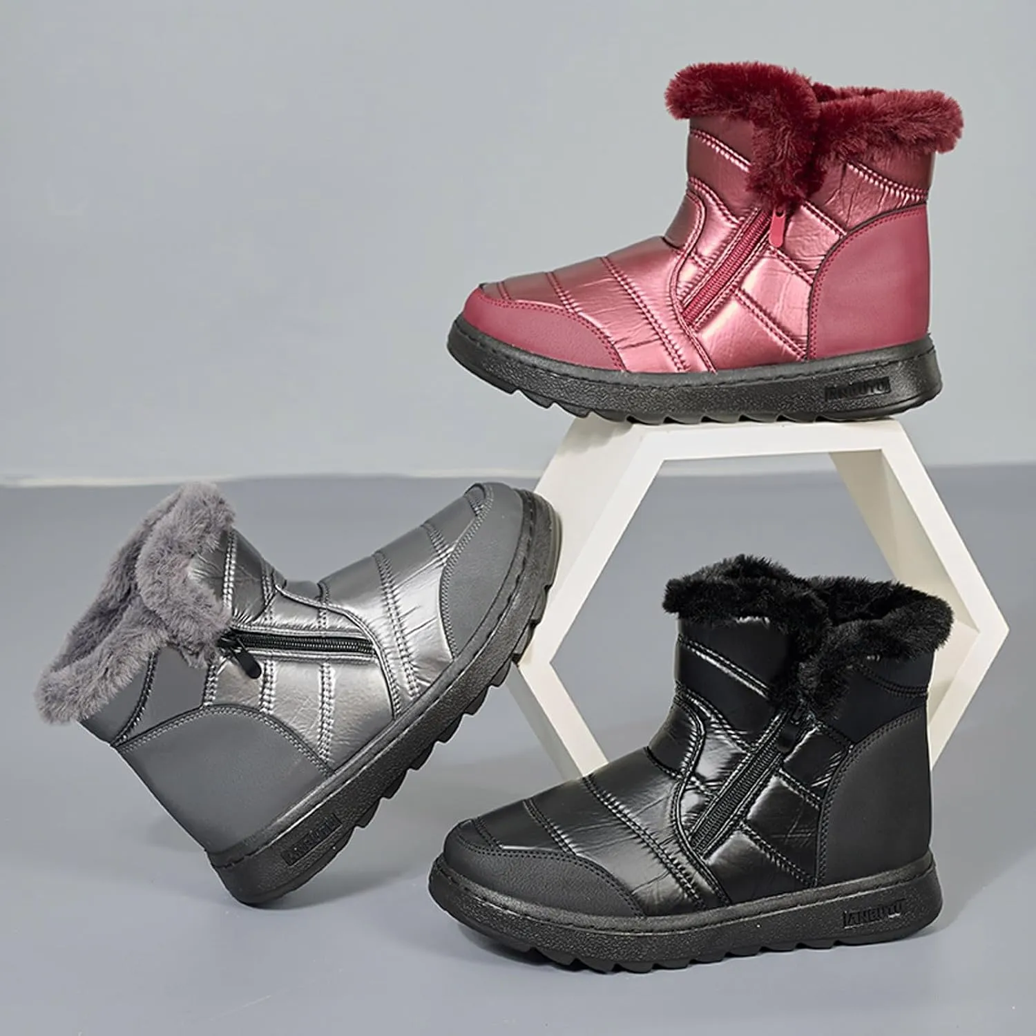 Winter Boots for Women Winter Flat Zipper Warm Fur Lined Snow Booties Outdoor Slip On Waterproof Short Boots