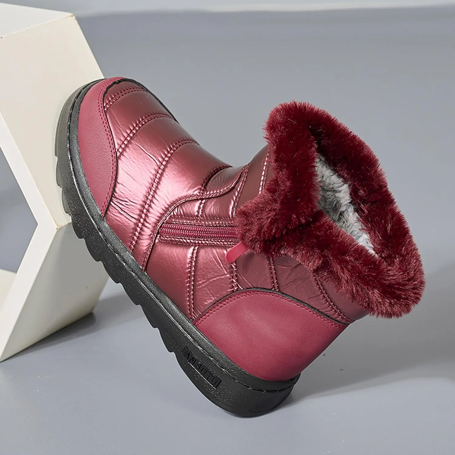 Winter Boots for Women Winter Flat Zipper Warm Fur Lined Snow Booties Outdoor Slip On Waterproof Short Boots