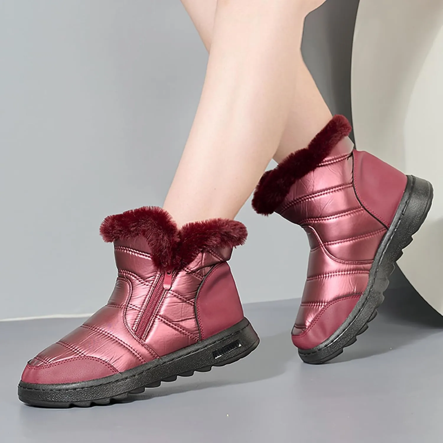 Winter Boots for Women Winter Flat Zipper Warm Fur Lined Snow Booties Outdoor Slip On Waterproof Short Boots