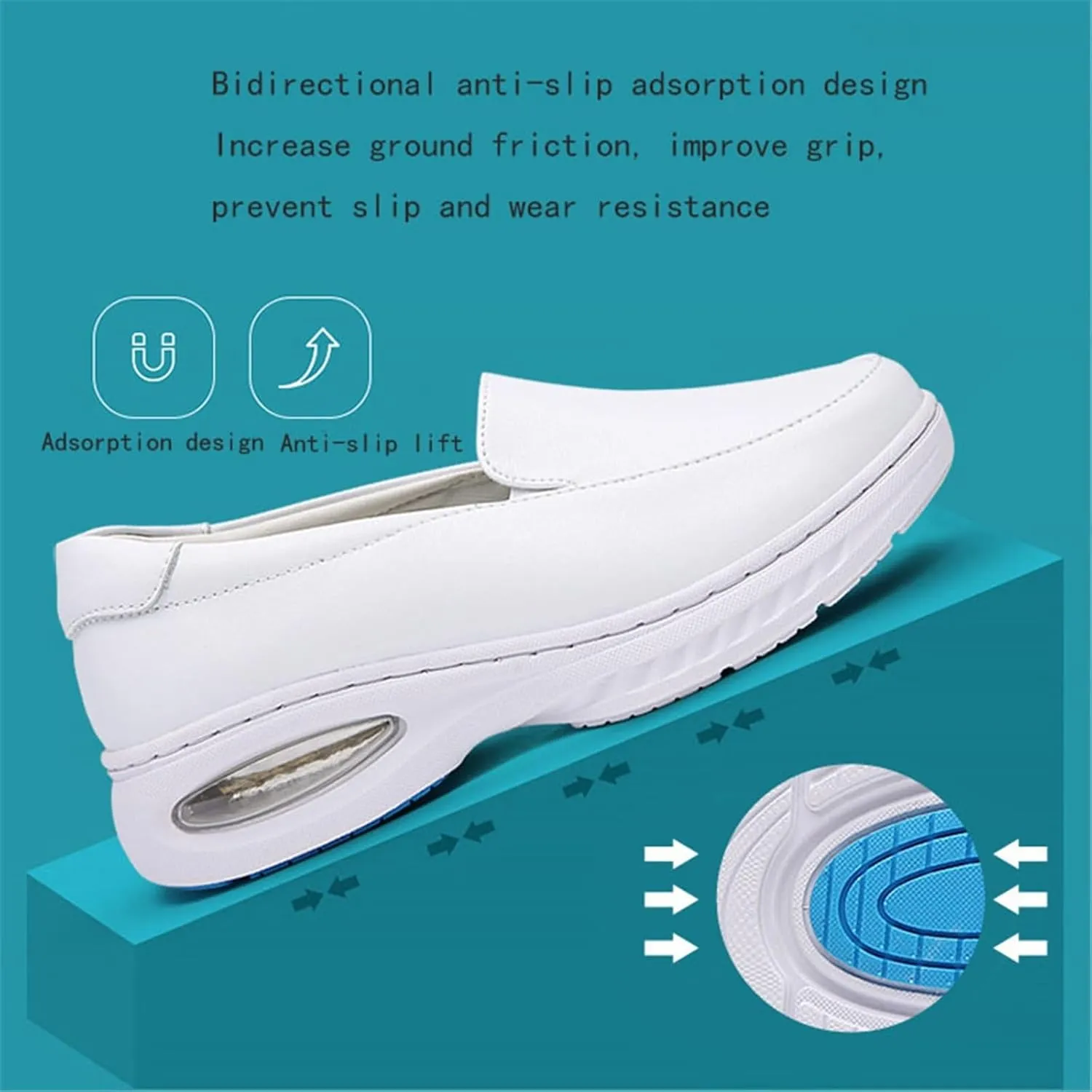 Women Leather Work Wide Fit Comfy Air Cushion Breathable Slip-On Nurse Shoes, Non-Slip Soft Bottom Orthopedic Moccasin Walking Shoes, for Hospital Work,Teacher