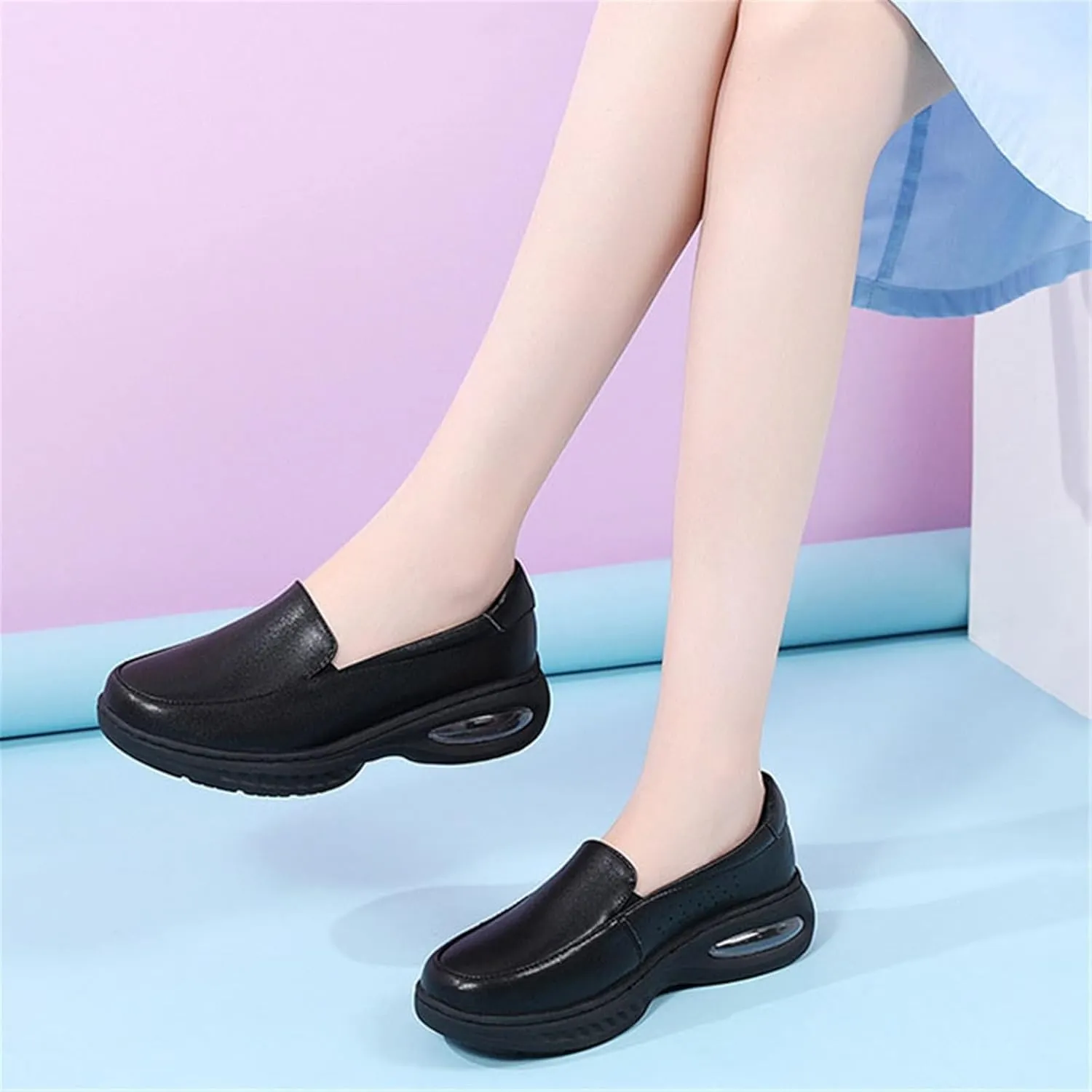 Women Leather Work Wide Fit Comfy Air Cushion Breathable Slip-On Nurse Shoes, Non-Slip Soft Bottom Orthopedic Moccasin Walking Shoes, for Hospital Work,Teacher