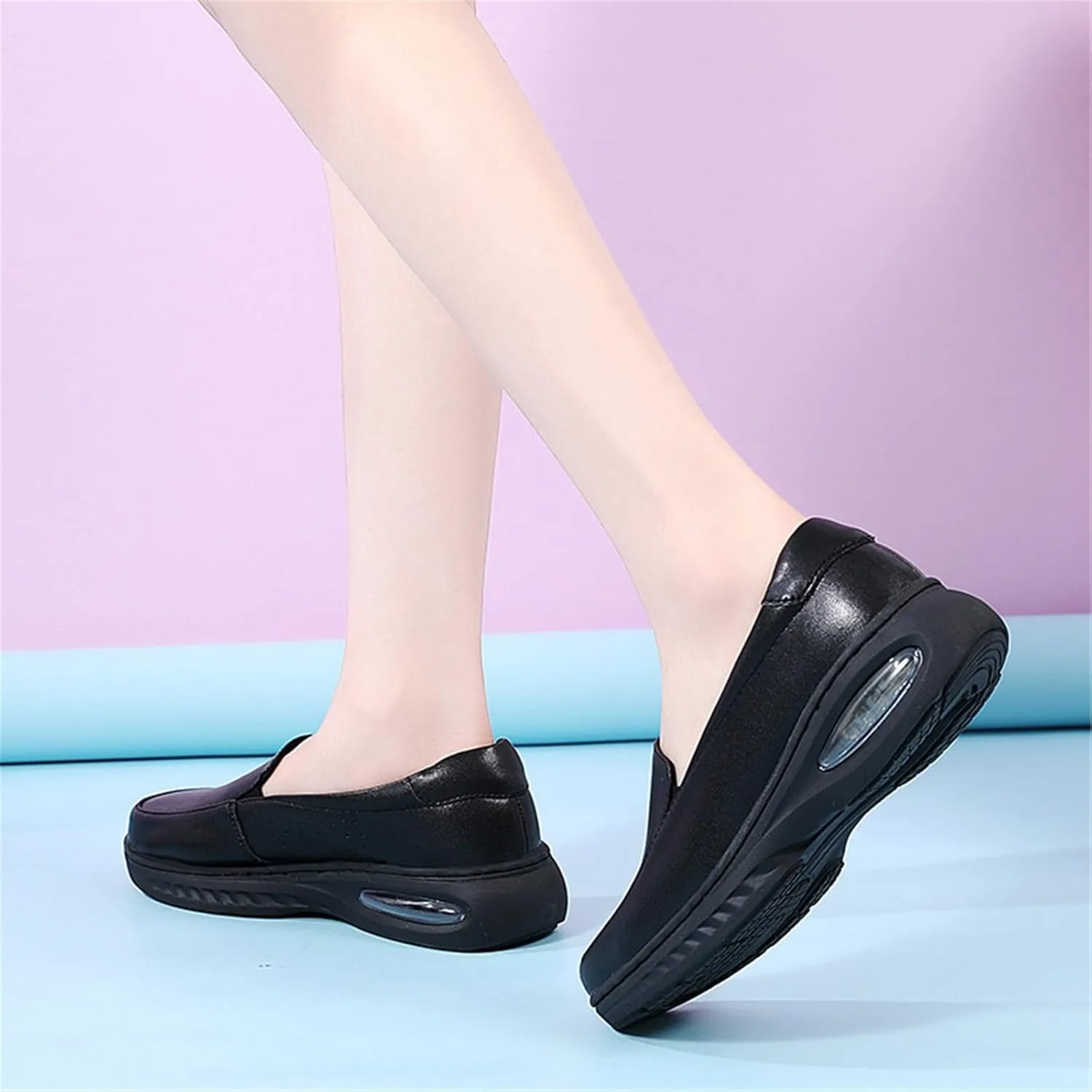 Women Leather Work Wide Fit Comfy Air Cushion Breathable Slip-On Nurse Shoes, Non-Slip Soft Bottom Orthopedic Moccasin Walking Shoes, for Hospital Work,Teacher