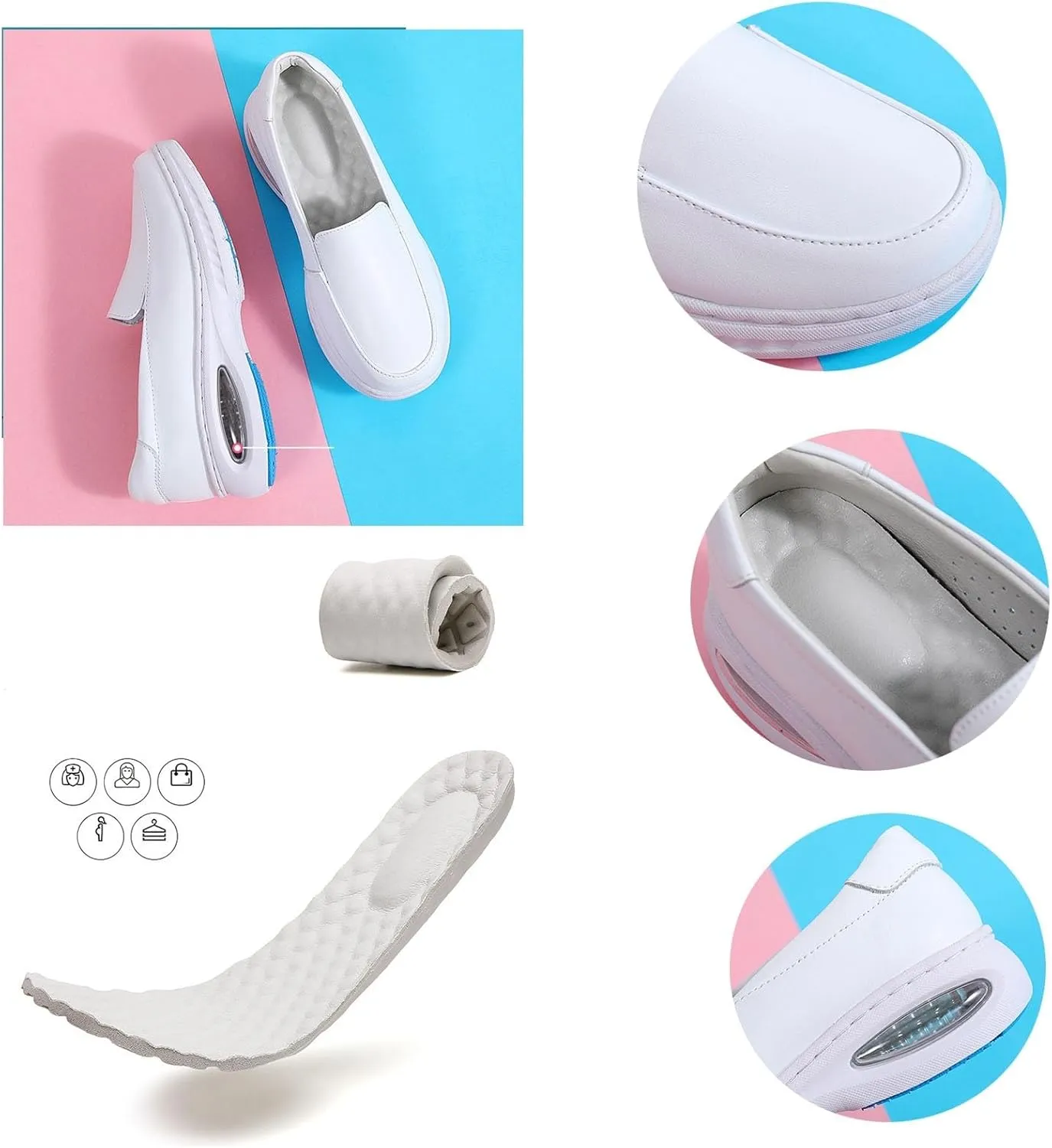 Women Leather Work Wide Fit Comfy Air Cushion Breathable Slip-On Nurse Shoes, Non-Slip Soft Bottom Orthopedic Moccasin Walking Shoes, for Hospital Work,Teacher