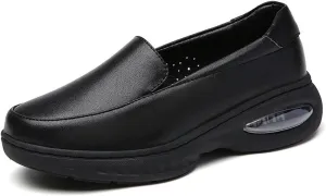 Women Leather Work Wide Fit Comfy Air Cushion Breathable Slip-On Nurse Shoes, Non-Slip Soft Bottom Orthopedic Moccasin Walking Shoes, for Hospital Work,Teacher