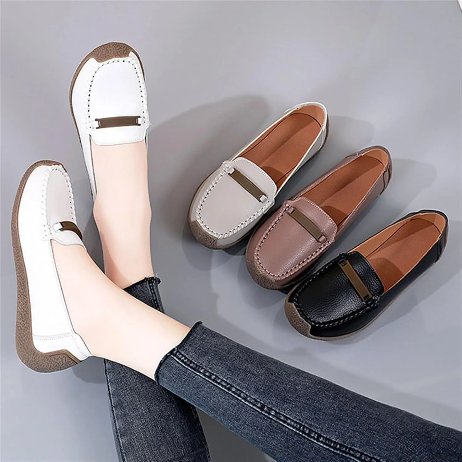 Women Moccasin Loafers, Women's Cute Slip On Comfort Fashion Leather Nurse Shoes, Slip Resistant Platform Orthopedic Soft Bottom Sneakers, Ideal for Nurse Healthcare Crews