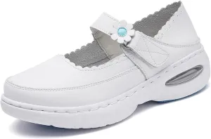 Women Moccasins Shoes, Women's Leather White Adjustable Orthopedic Slip-On Breathable Nurse Shoes, Air Cushion Non Slip Nursing Walking, for Hospital, Nurse, Doctors,Teacher