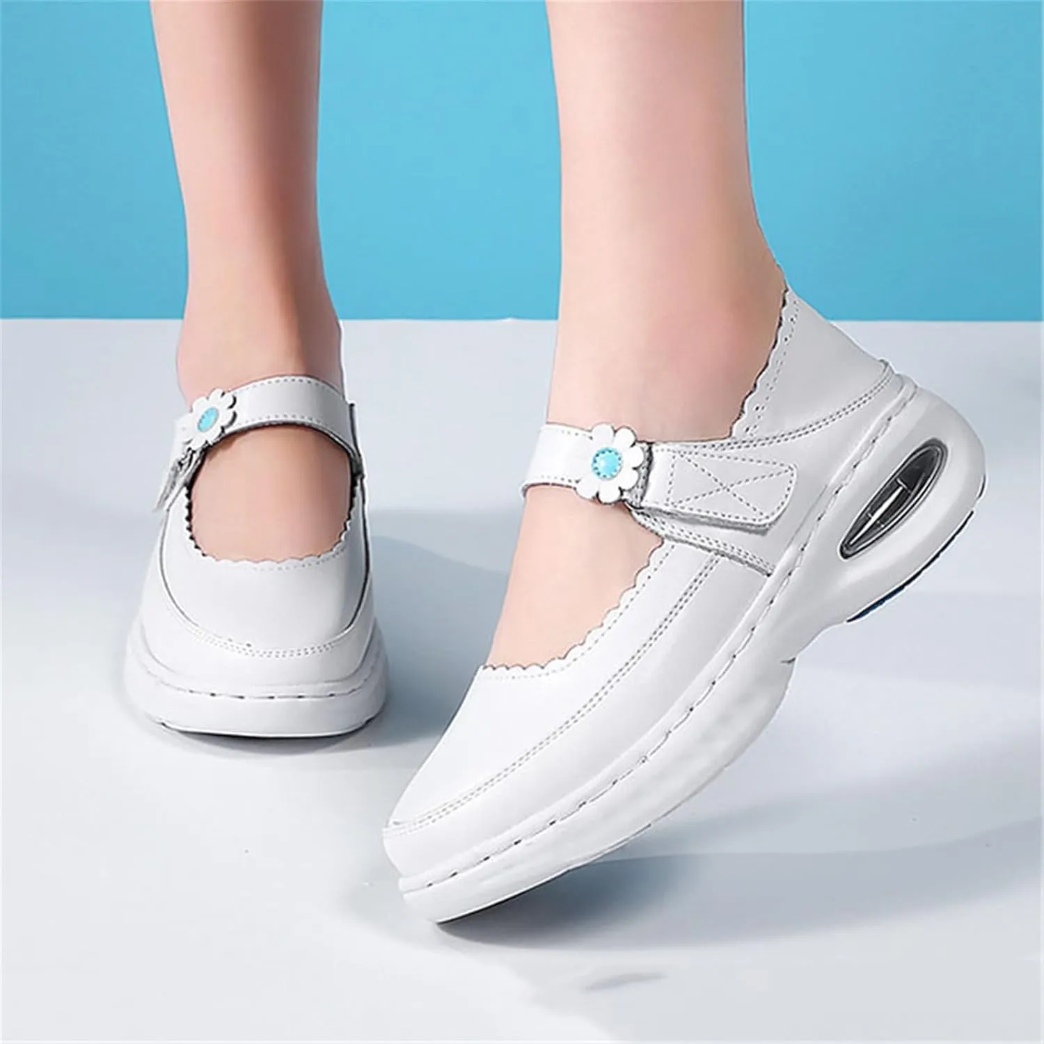 Women Moccasins Shoes, Women's Leather White Adjustable Orthopedic Slip-On Breathable Nurse Shoes, Air Cushion Non Slip Nursing Walking, for Hospital, Nurse, Doctors,Teacher
