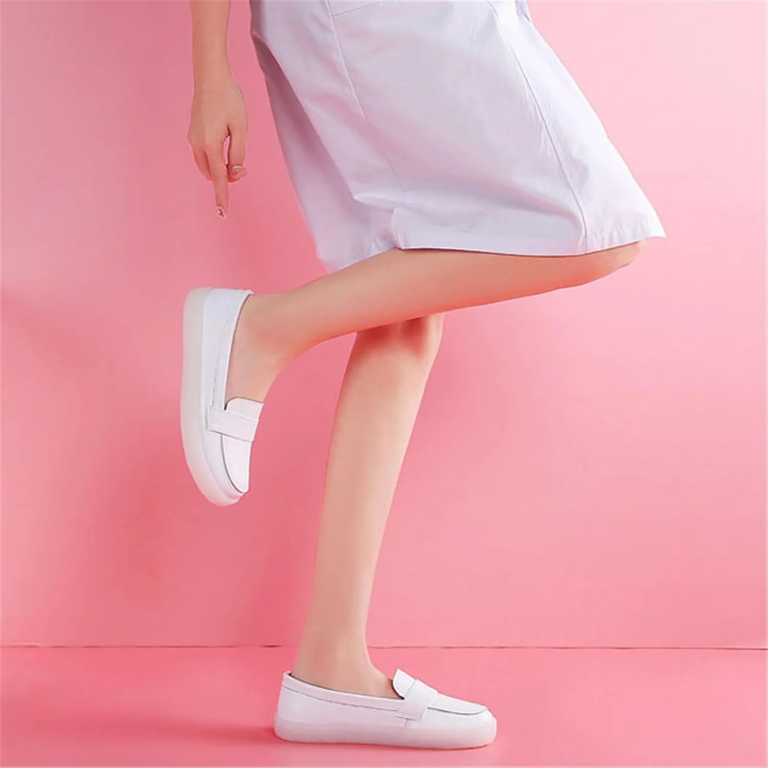 Women Nurse Sneakers, Womens White PU Leather Slip-On Breathable Flat Nurse Work Shoes, Slip Resistant Platform Orthopedic Non Tiring Feet, for Hospital Nurse Doctors Work