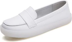 Women Nurse Sneakers, Womens White PU Leather Slip-On Breathable Flat Nurse Work Shoes, Slip Resistant Platform Orthopedic Non Tiring Feet, for Hospital Nurse Doctors Work