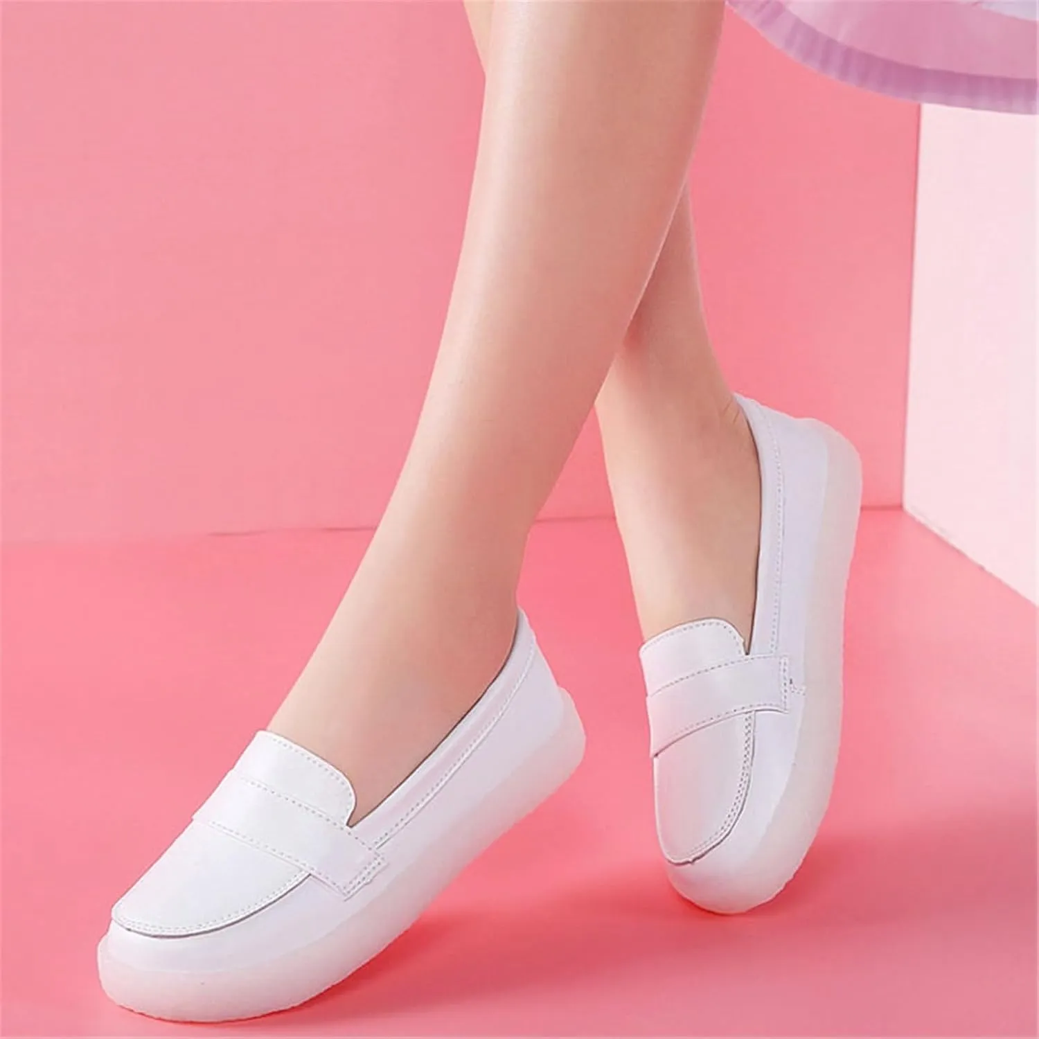 Women Nurse Sneakers, Womens White PU Leather Slip-On Breathable Flat Nurse Work Shoes, Slip Resistant Platform Orthopedic Non Tiring Feet, for Hospital Nurse Doctors Work
