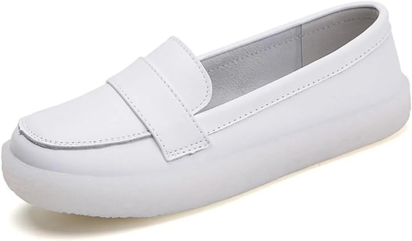 Women Nurse Sneakers, Womens White PU Leather Slip-On Breathable Flat Nurse Work Shoes, Slip Resistant Platform Orthopedic Non Tiring Feet, for Hospital Nurse Doctors Work