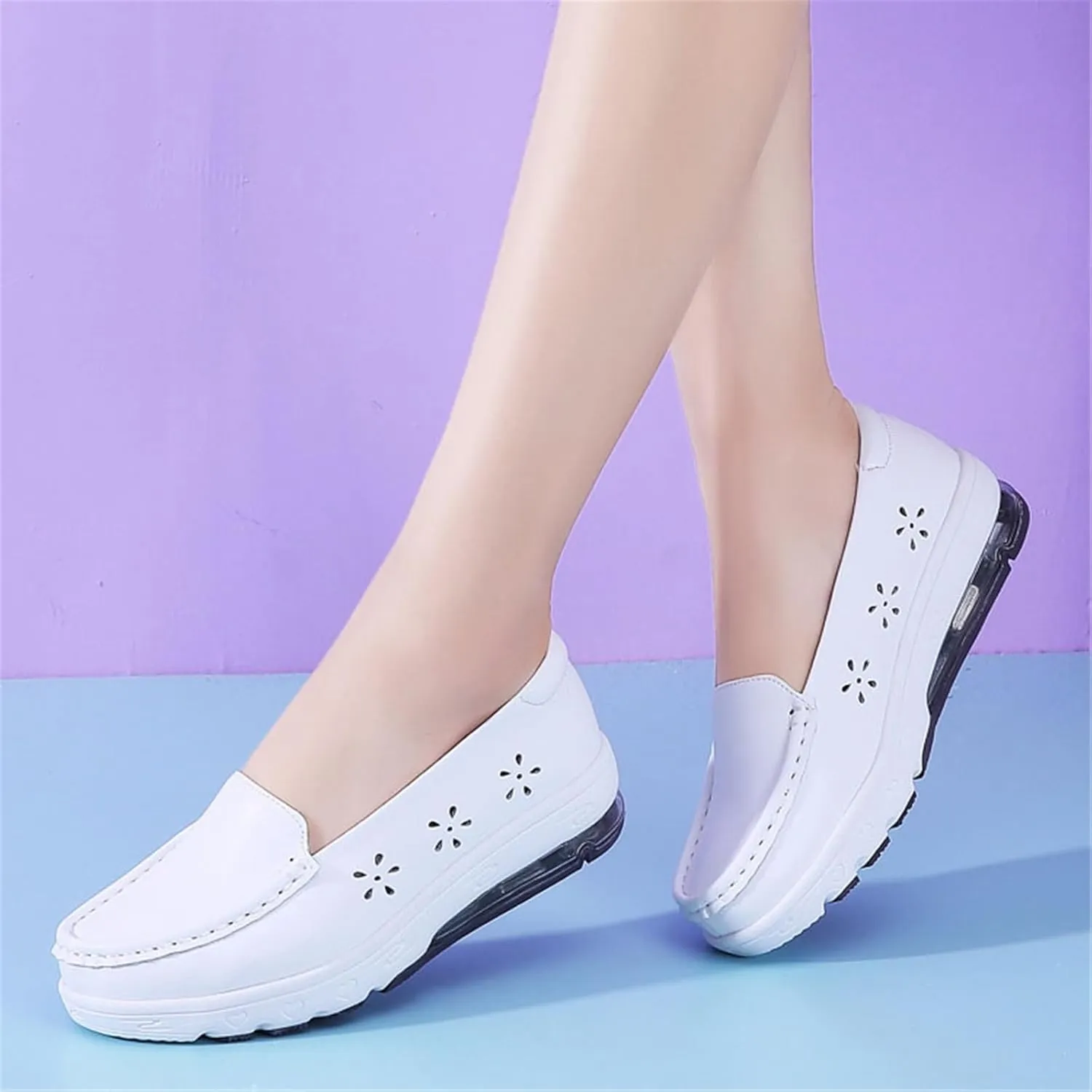 Women Orthopedic Nurse Sneakers, Women's Breathable Hollow White Air Cushion Slip-On Leather Nurse Shoes, Loafer Waterproof Work Shoes, for Hospital Nurse Doctors