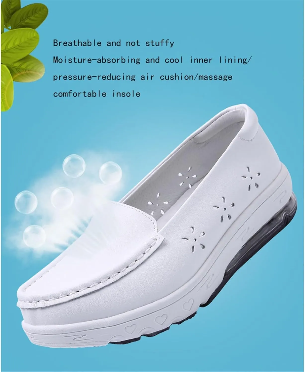 Women Orthopedic Nurse Sneakers, Women's Breathable Hollow White Air Cushion Slip-On Leather Nurse Shoes, Loafer Waterproof Work Shoes, for Hospital Nurse Doctors