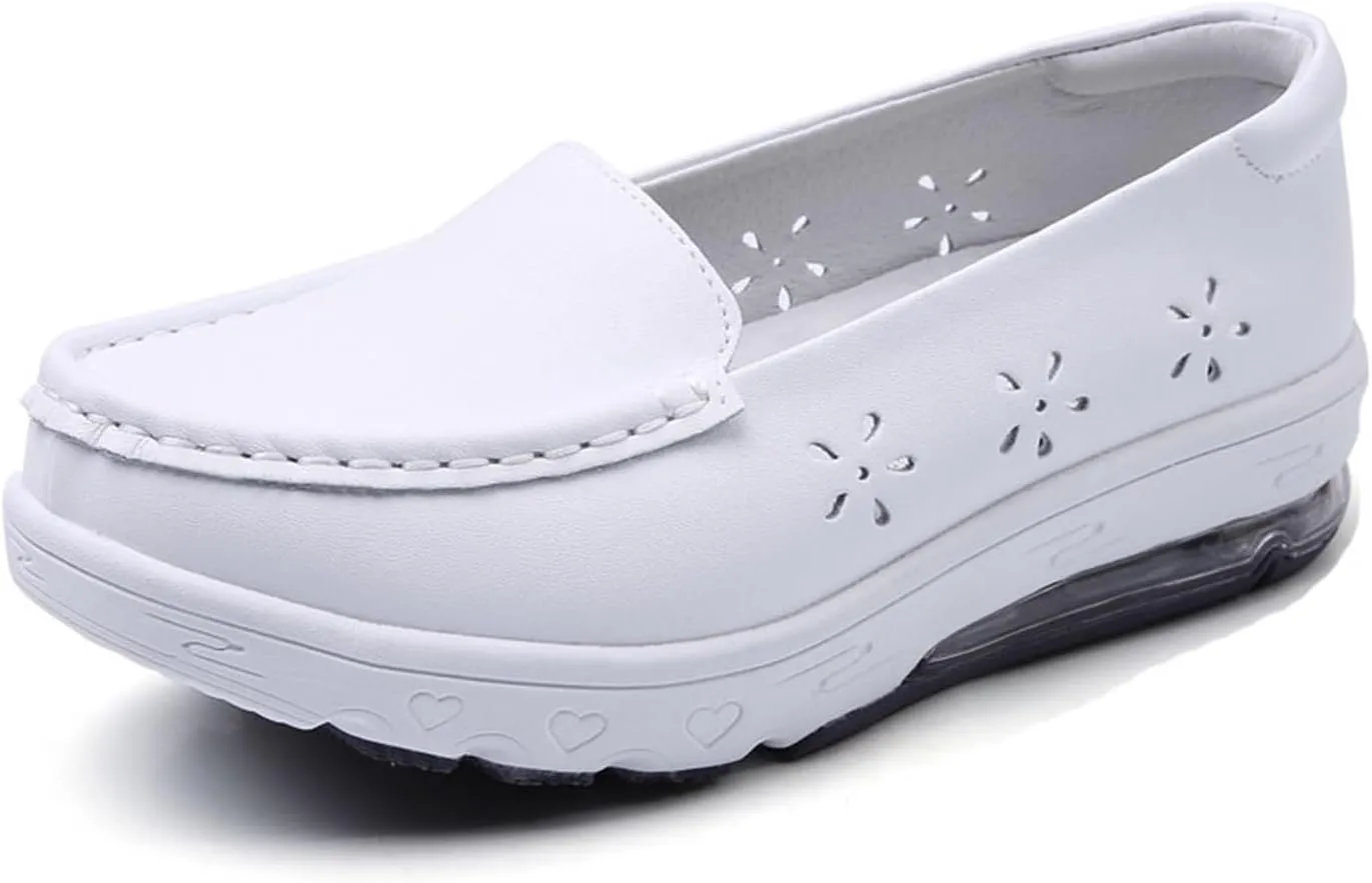 Women Orthopedic Nurse Sneakers, Women's Breathable Hollow White Air Cushion Slip-On Leather Nurse Shoes, Loafer Waterproof Work Shoes, for Hospital Nurse Doctors