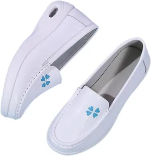 Women Orthopedic Walking Shoes, Womens White Air Cushion Slip-On Leather Breathable Nurse Shoes, Buffer Wipeable Nonslip Hospital Flat Shoes, Ideal for Nurse Healthcare Crews