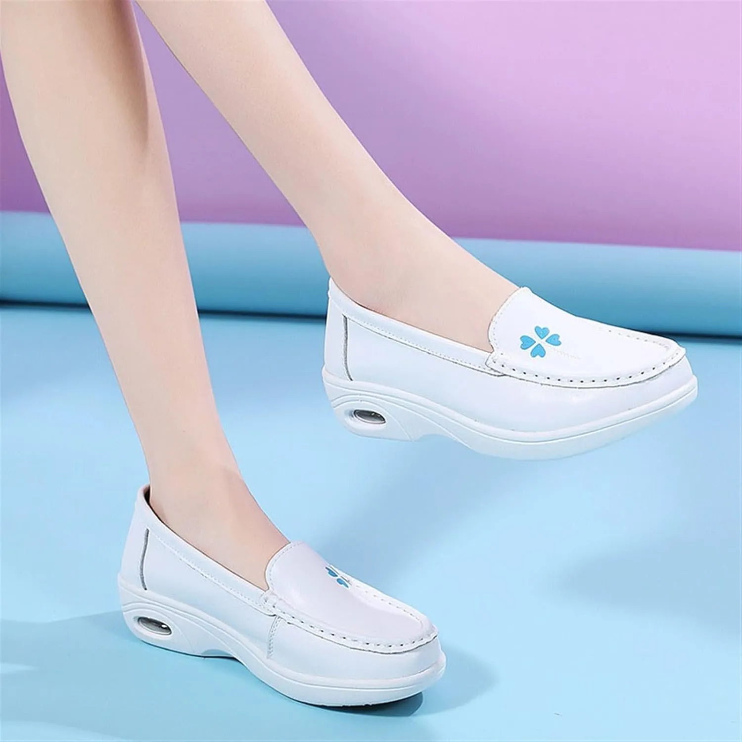 Women Orthopedic Walking Shoes, Womens White Air Cushion Slip-On Leather Breathable Nurse Shoes, Buffer Wipeable Nonslip Hospital Flat Shoes, Ideal for Nurse Healthcare Crews