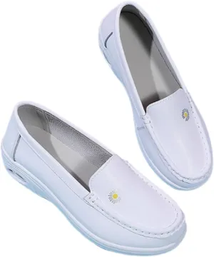 Women Orthopedic Walking Shoes, Womens White Air Cushion Slip-On Leather Breathable Nurse Shoes, Buffer Wipeable Nonslip Hospital Flat Shoes, Ideal for Nurse Healthcare Crews