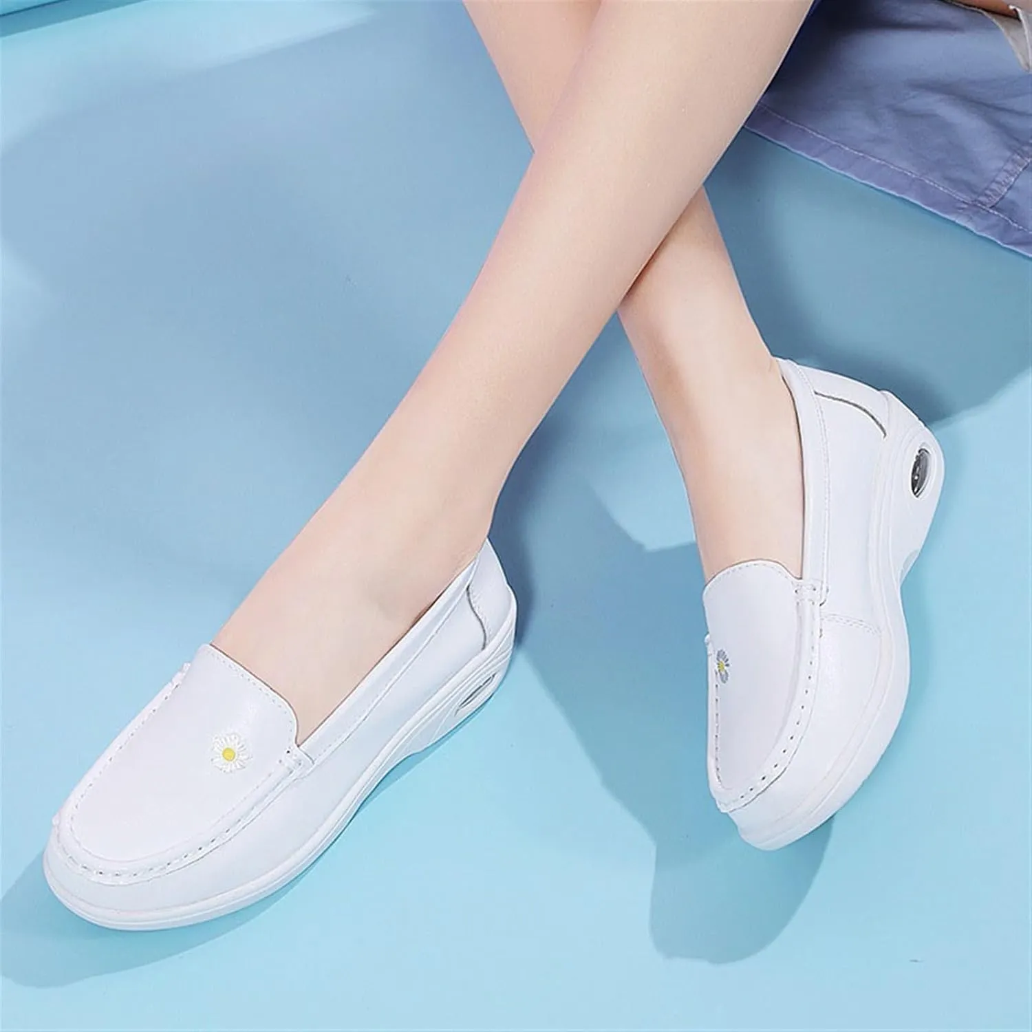 Women Orthopedic Walking Shoes, Womens White Air Cushion Slip-On Leather Breathable Nurse Shoes, Buffer Wipeable Nonslip Hospital Flat Shoes, Ideal for Nurse Healthcare Crews
