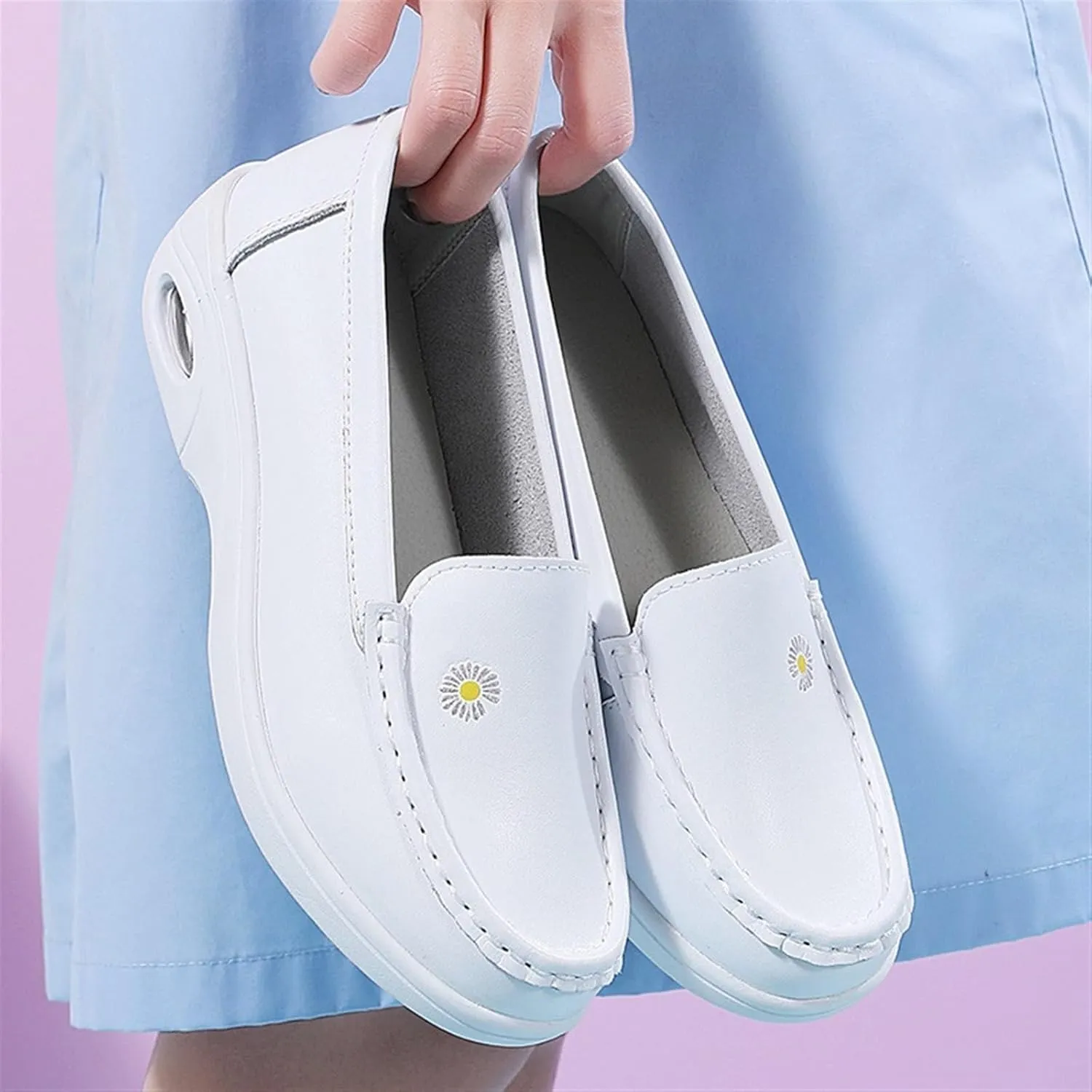 Women Orthopedic Walking Shoes, Womens White Air Cushion Slip-On Leather Breathable Nurse Shoes, Buffer Wipeable Nonslip Hospital Flat Shoes, Ideal for Nurse Healthcare Crews