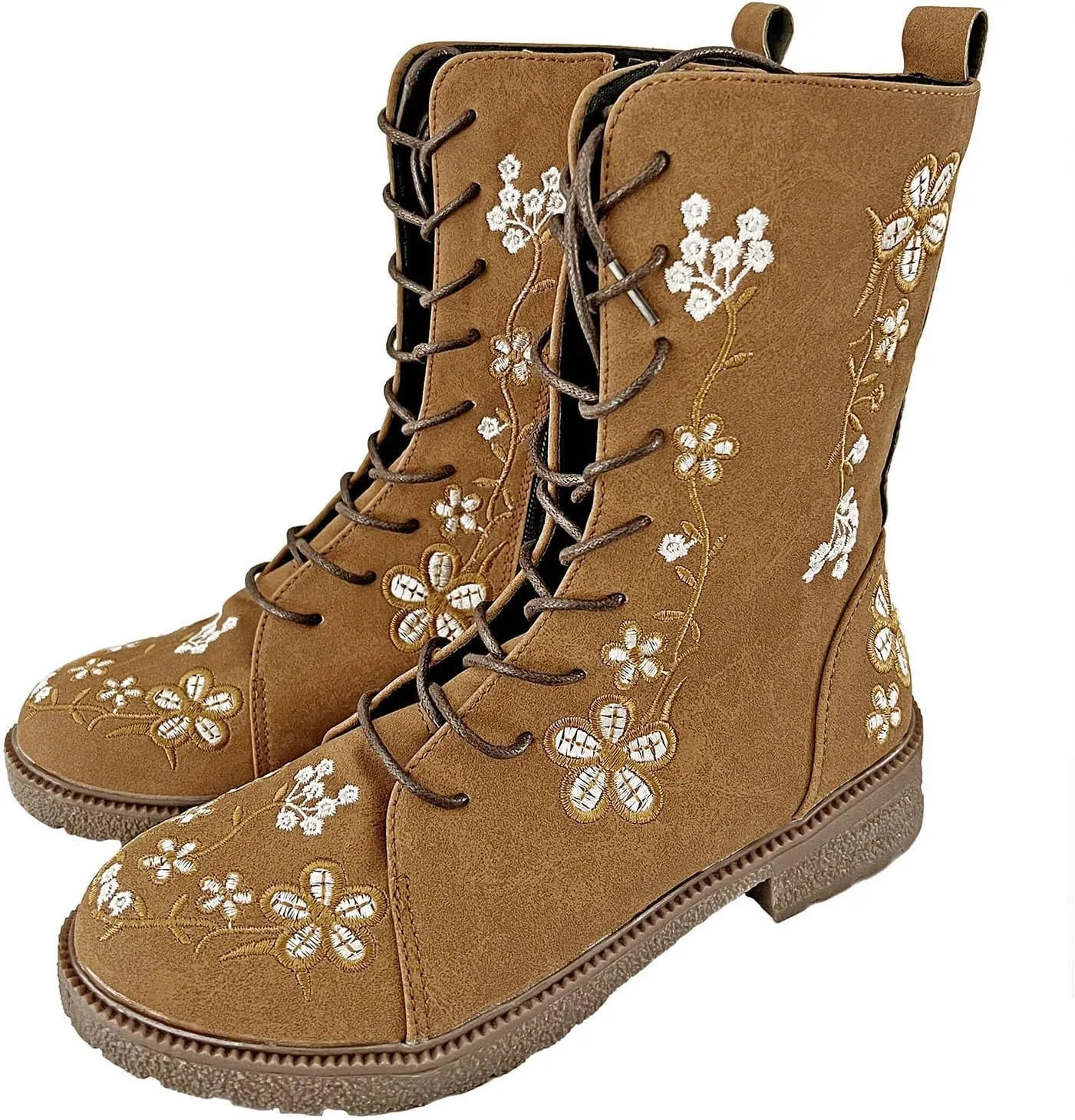 Womens Boots Casual Fashion Floral Pattern Lace Up Boots for Women Chunky Heel Lug Sole Cozy Mid-Calf Boots