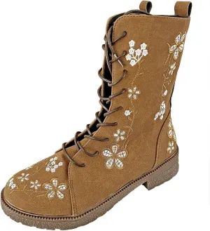 Womens Boots Casual Fashion Floral Pattern Lace Up Boots for Women Chunky Heel Lug Sole Cozy Mid-Calf Boots
