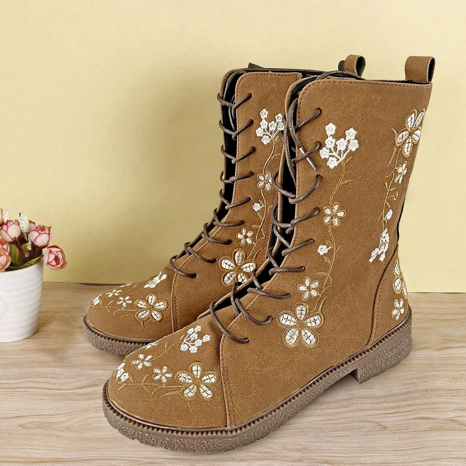 Womens Boots Casual Fashion Floral Pattern Lace Up Boots for Women Chunky Heel Lug Sole Cozy Mid-Calf Boots